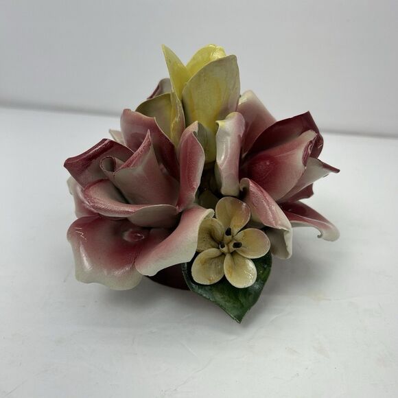 Capodimonte Porcelain Floral Arrangement Flower Basket Italy MCM Pink Yellow - Picture 1 of 15